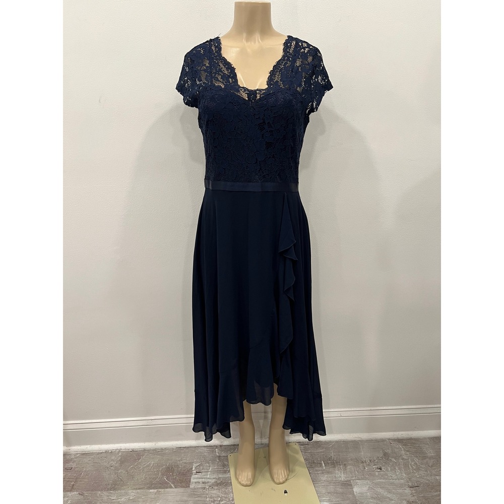Miusol Womens Dress Navy Blue Lace High Low Cap Sleeve Chiffon Formal Size L NWT